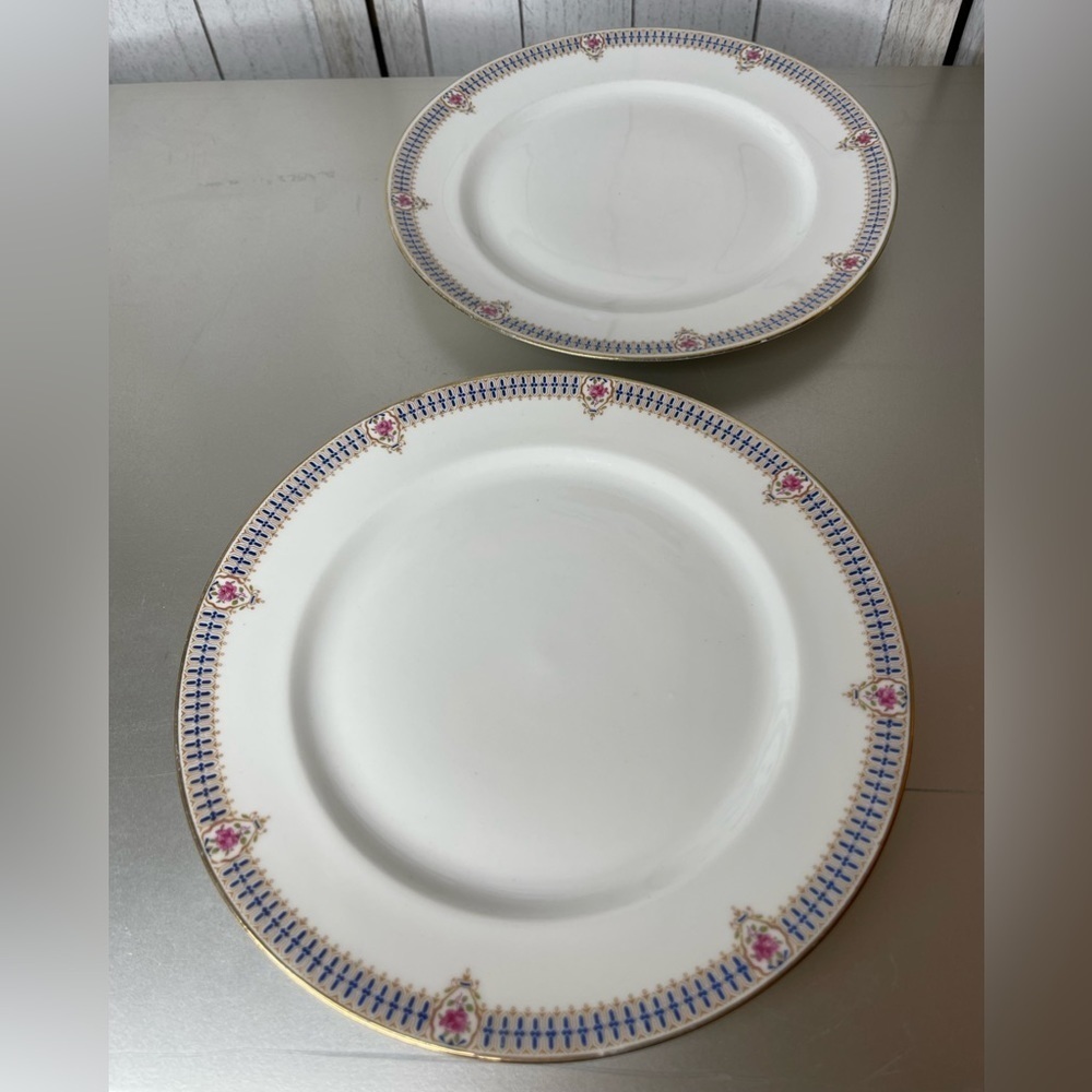 Pair of Limoges Charles Ahrenfeldt Pink Rose Floral & Gold 10 Inch Dinner Plate